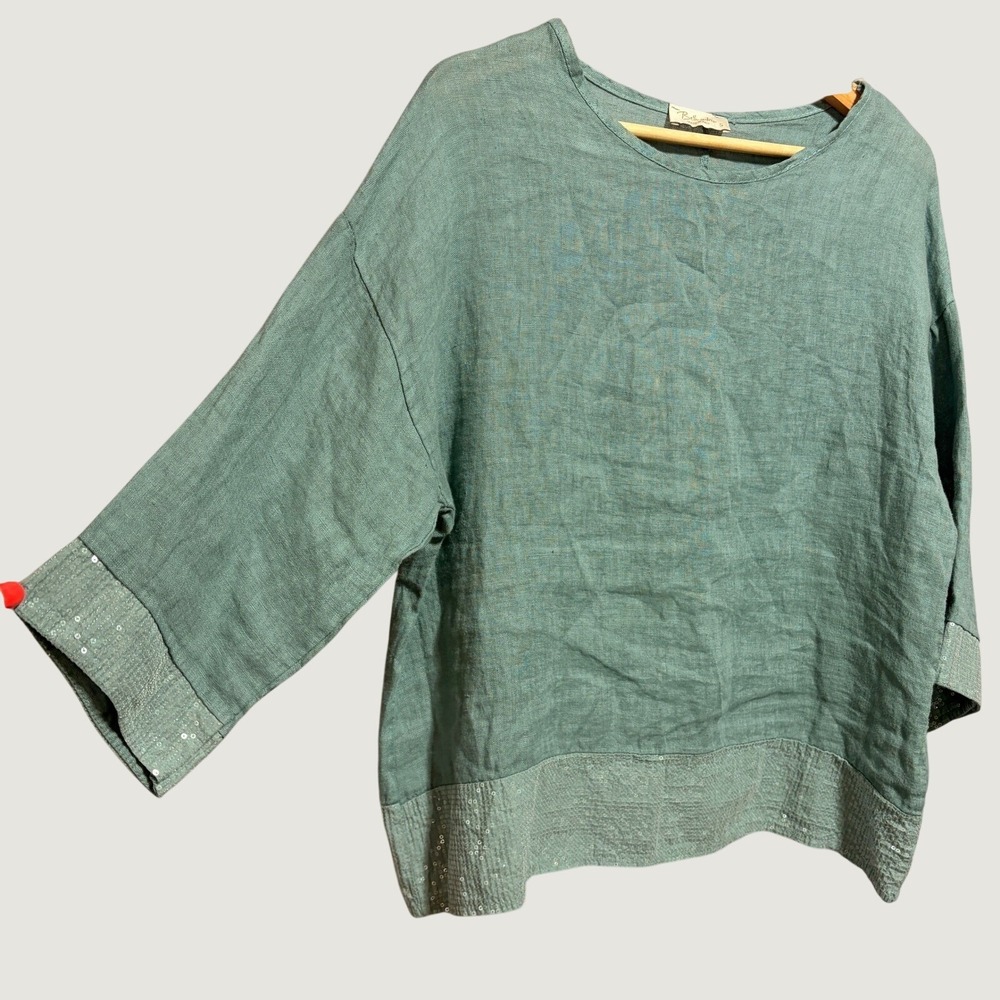 Bellambra‎ Linen Lagenlook Top S Sequin Blue Green Coastal Chic Resortwear